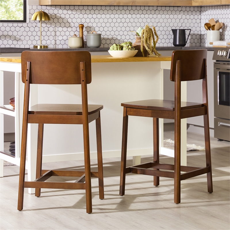 Pemberly Row 2-Piece Minimalist Solid Wood Counter Stool - Set of 2 - Walnut
