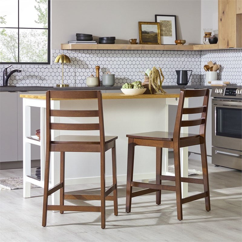 Pemberly Row Modern Solid Wood Ladder-Back Counter Stool - Set of 2 - Walnut