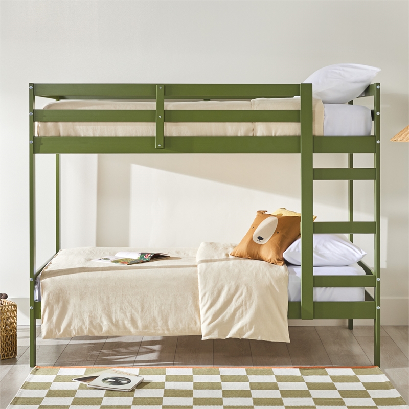 Pemberly Row Twin Over Twin Simple Solid Wood Bunk Bed - Olive Green