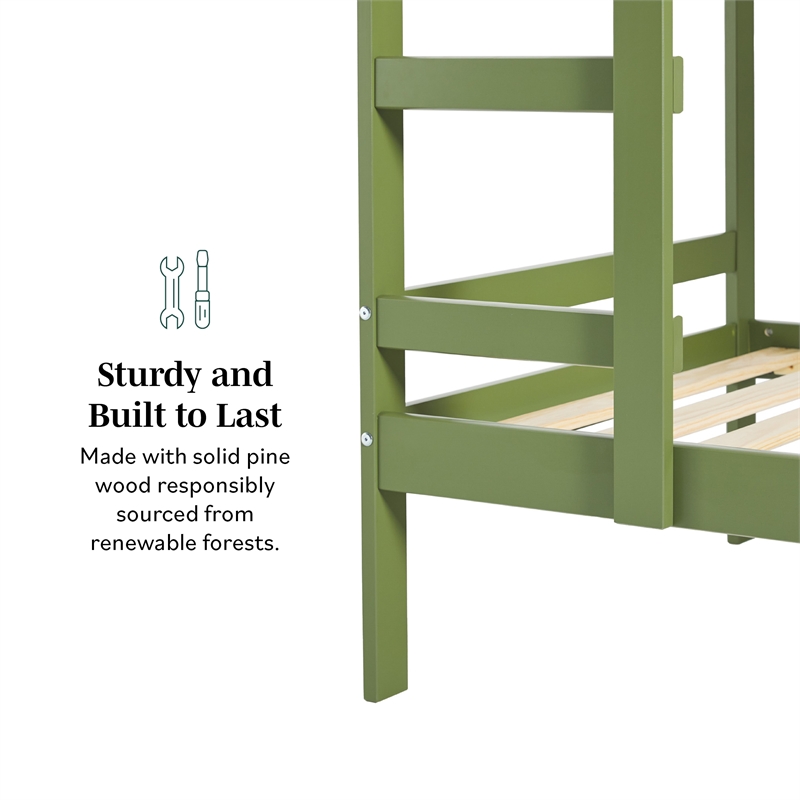 Pemberly Row Twin Over Twin Simple Solid Wood Bunk Bed - Olive Green