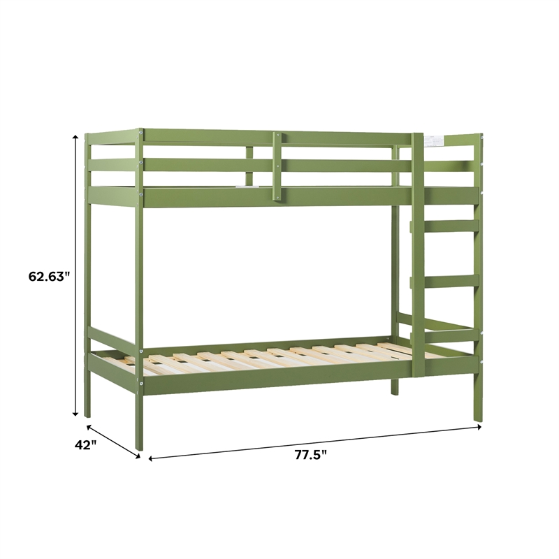 Pemberly Row Twin Over Twin Simple Solid Wood Bunk Bed - Olive Green