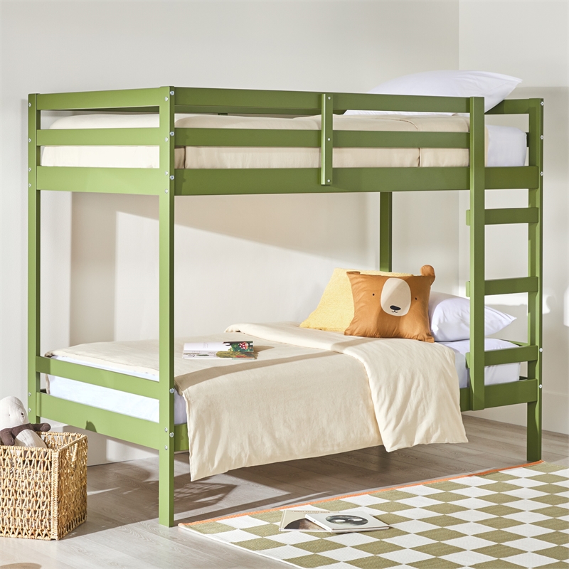 Pemberly Row Twin Over Twin Simple Solid Wood Bunk Bed - Olive Green