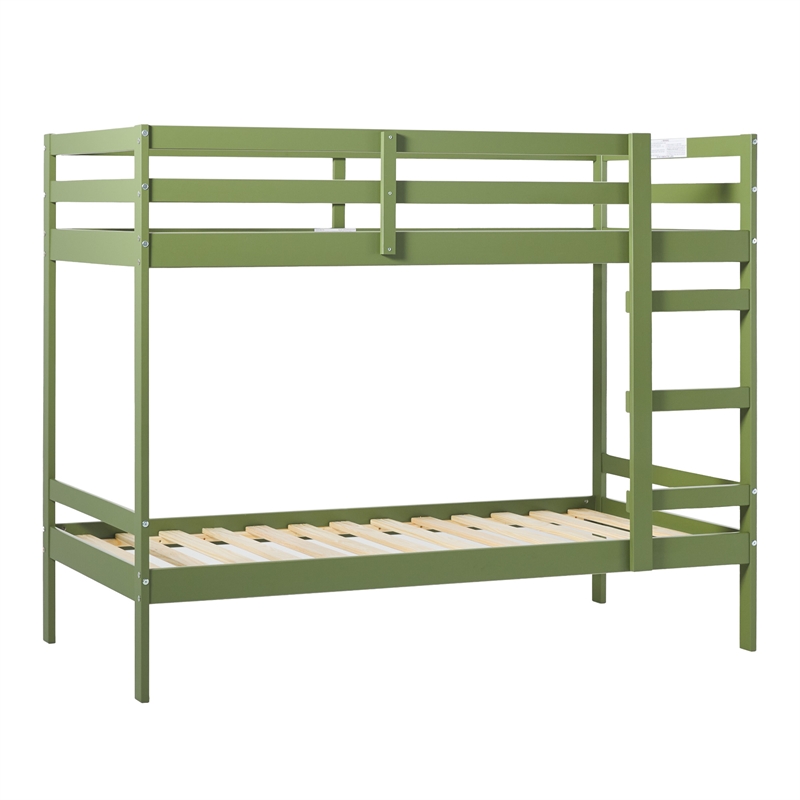 Pemberly Row Twin Over Twin Simple Solid Wood Bunk Bed - Olive Green