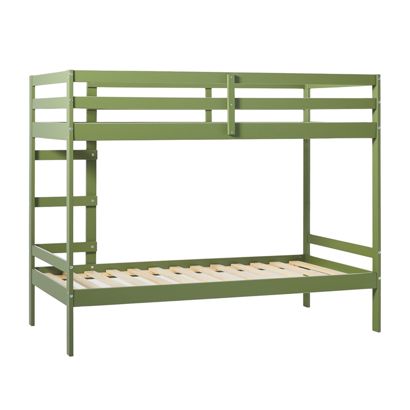 Pemberly Row Twin Over Twin Simple Solid Wood Bunk Bed - Olive Green