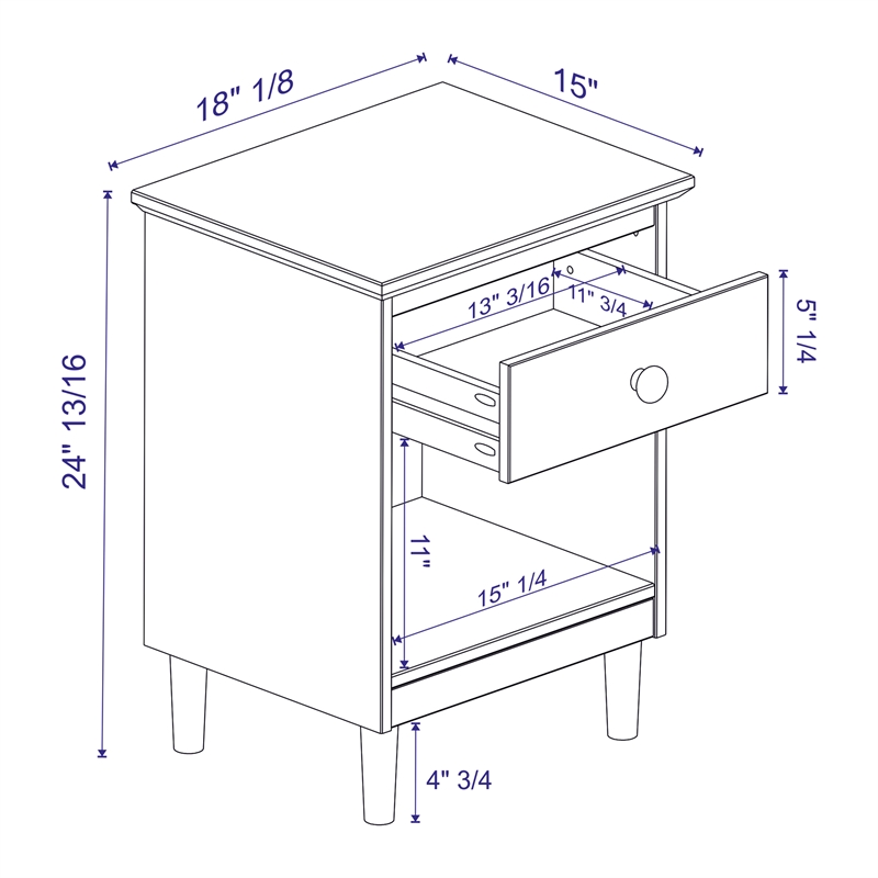 Pemberly Row Traditional 1-Drawer Solid Wood Nightstand - Gray