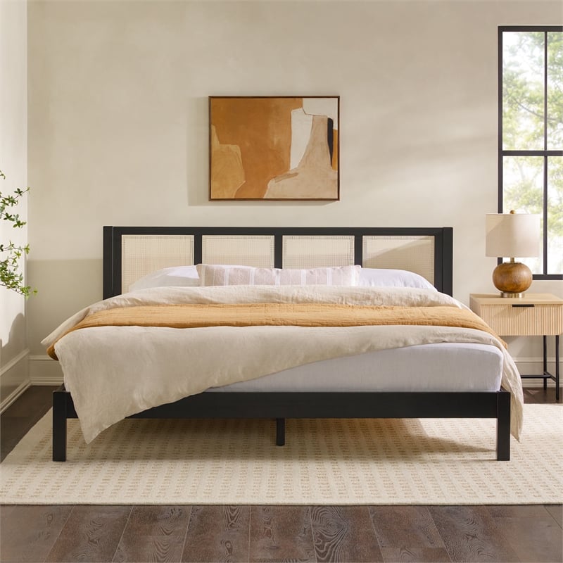 Pemberly Row Solid Wood Rattan Headboard King Bedframe - Black