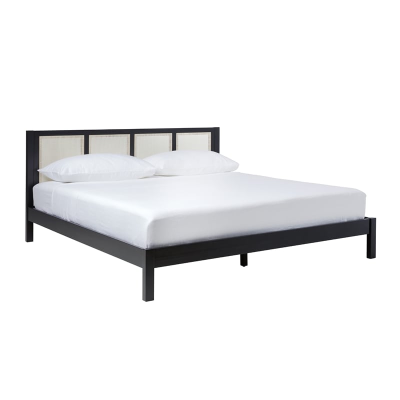 Pemberly Row Solid Wood Rattan Headboard King Bedframe - Black