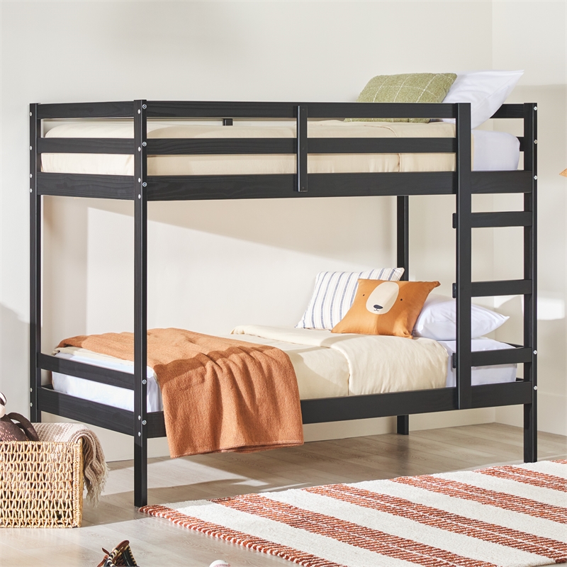 Pemberly Row Twin Over Twin Simple Solid Wood Bunk Bed - Black