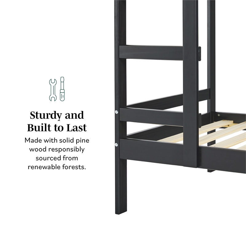 Pemberly Row Twin Over Twin Simple Solid Wood Bunk Bed - Black