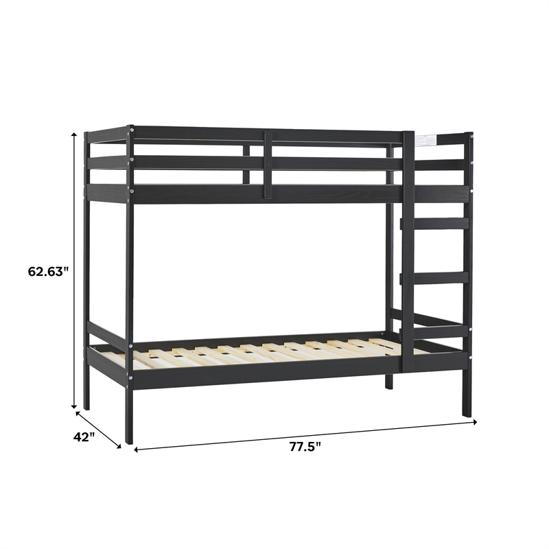 Pemberly Row Twin Over Twin Simple Solid Wood Bunk Bed - Black