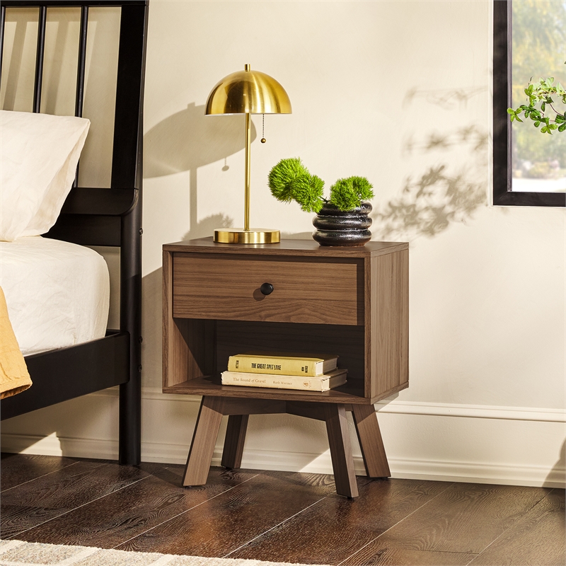 Pemberly Row 1-Drawer Mid-Century Wood Nightstand with Metal Hardware in Mocha