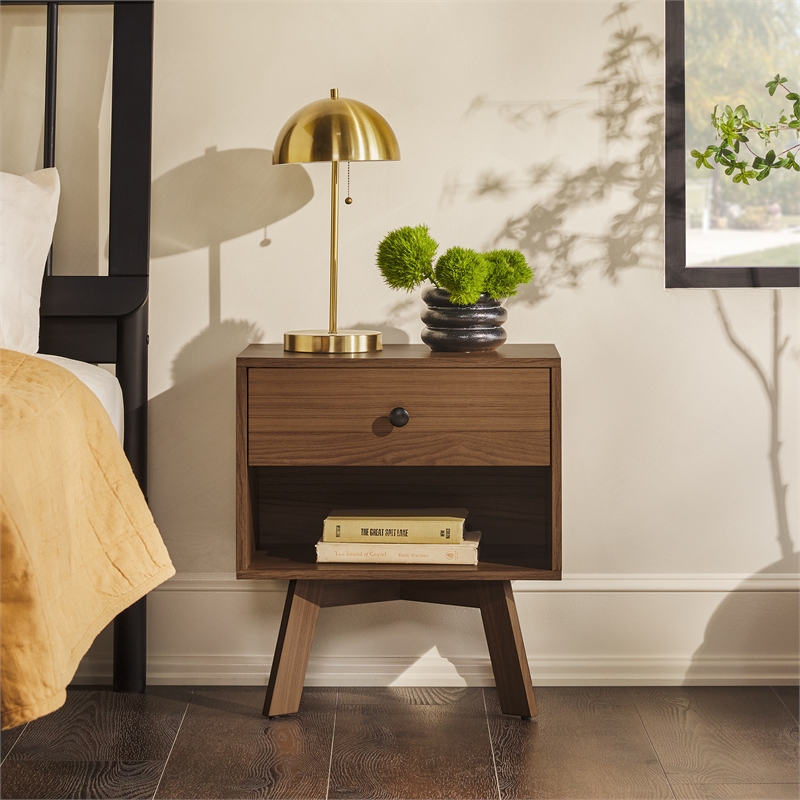 Pemberly Row 1-Drawer Mid-Century Wood Nightstand with Metal Hardware in Mocha
