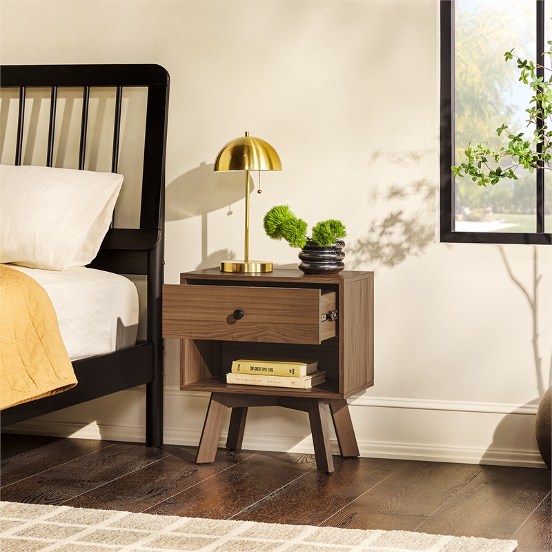 Pemberly Row 1-Drawer Mid-Century Wood Nightstand with Metal Hardware in Mocha