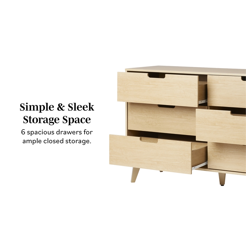 Pemberly Row Simple Wood 6 Drawer Dresser with Cut Out Handles - Riviera Beige