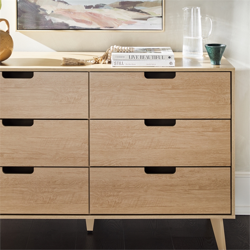 Pemberly Row Simple Wood 6 Drawer Dresser with Cut Out Handles - Riviera Beige