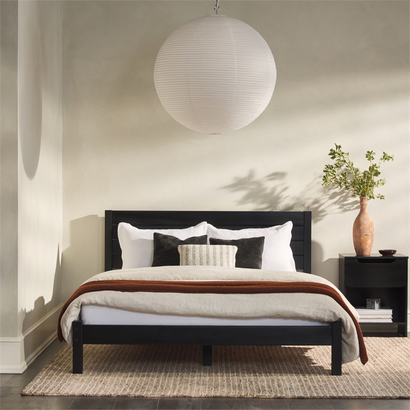 Pemberly Row Solid Wood Minimalist Boho Queen Bed with Simple Headboard - Black