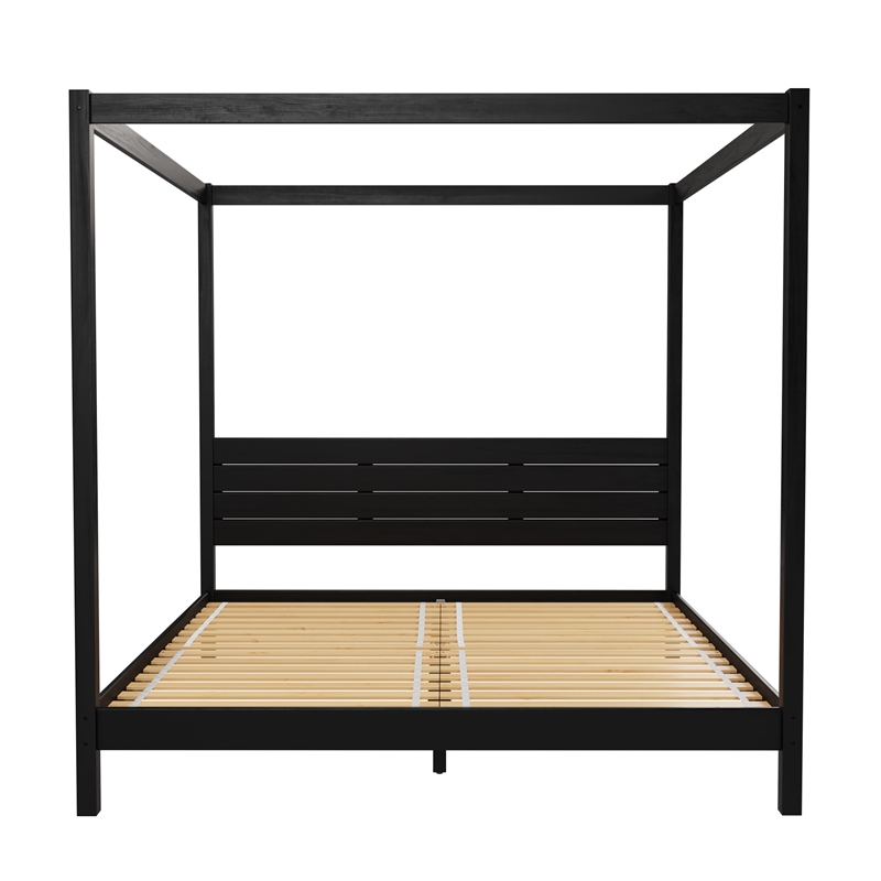 Pemberly Row Wood King Size Canopy Bed with Slatted Headboard in Black