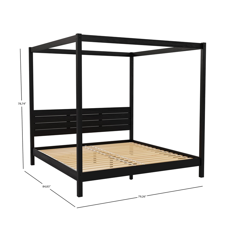 Pemberly Row Wood King Size Canopy Bed with Slatted Headboard in Black