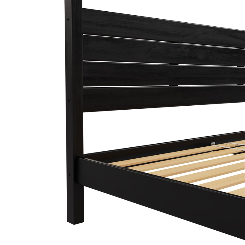 Pemberly Row Wood King Size Canopy Bed with Slatted Headboard in Black