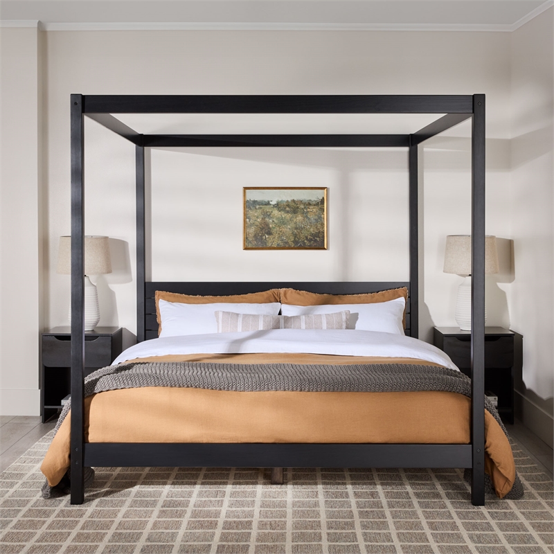 Pemberly Row Wood King Size Canopy Bed with Slatted Headboard in Black