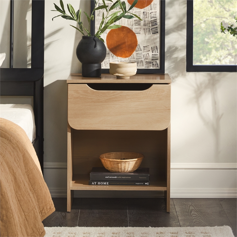 Pemberly Row Contemporary Simple Modern 1-Drawer Wood Nightstand in Oak