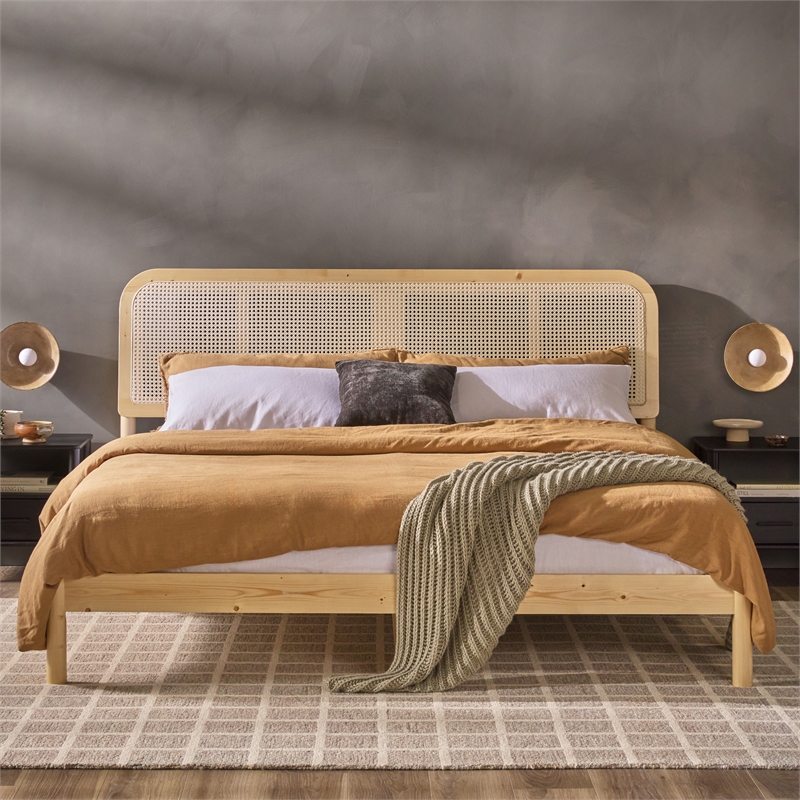 Pemberly Row Rattan Headboard Solid Wood King Bedframe - Natural