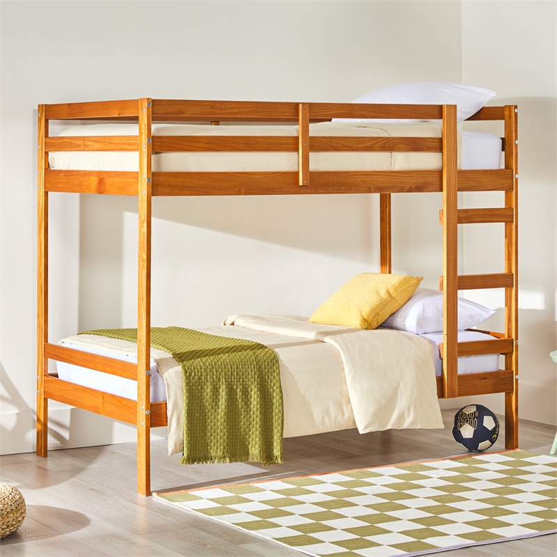 Pemberly Row Twin Over Twin Simple Solid Wood Bunk Bed - Caramel