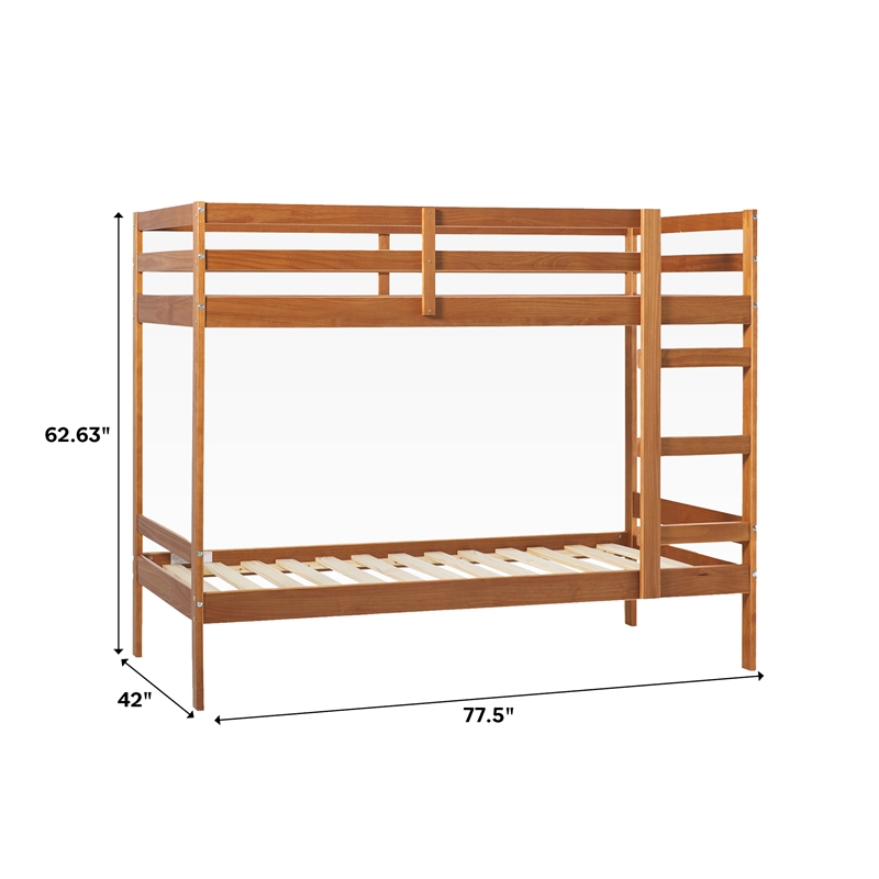 Pemberly Row Twin Over Twin Simple Solid Wood Bunk Bed - Caramel