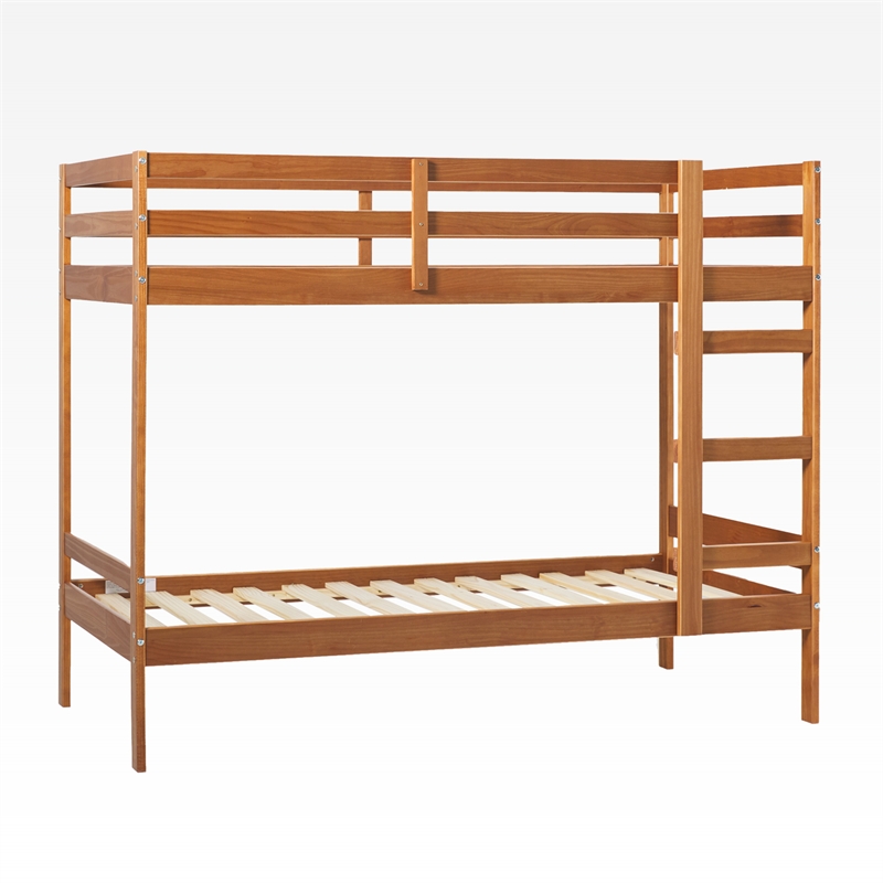 Pemberly Row Twin Over Twin Simple Solid Wood Bunk Bed - Caramel
