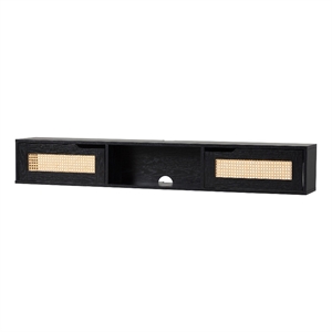 Pemberly Row 58&quot Floating Wood TV Stand with Rattan Doors - Black