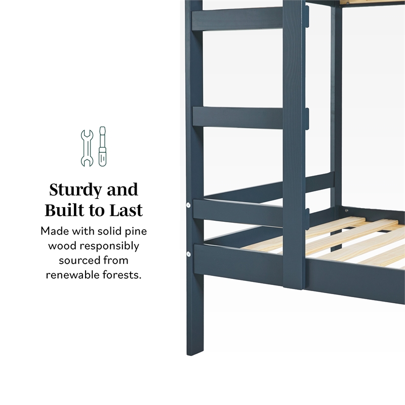 Pemberly Row Modern Solid Wood Twin Over Twin Simple Bunk Bed in Midnight Navy