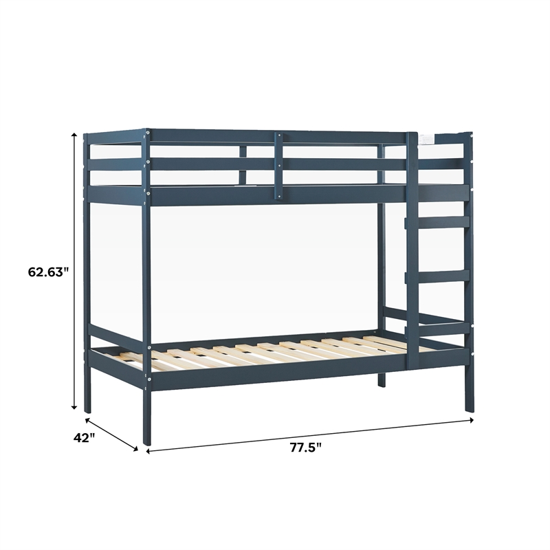 Pemberly Row Modern Solid Wood Twin Over Twin Simple Bunk Bed in Midnight Navy