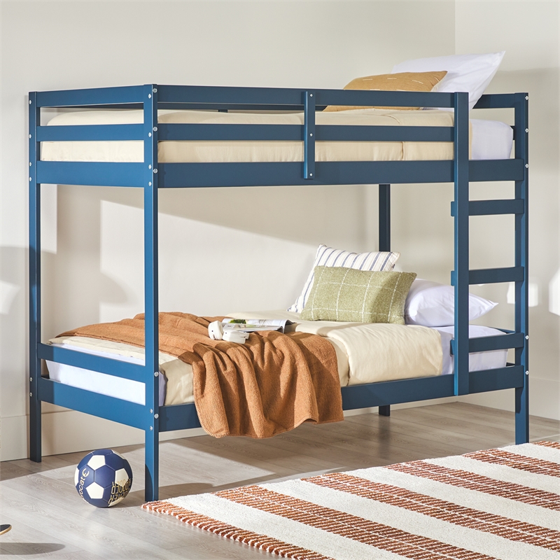 Pemberly Row Modern Solid Wood Twin Over Twin Simple Bunk Bed in Midnight Navy