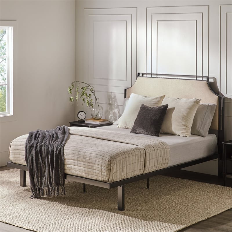 Pemberly Row Upholstered Transitional Metal Queen Size Bed in Tan