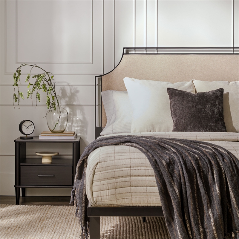 Pemberly Row Upholstered Transitional Metal Queen Size Bed in Tan