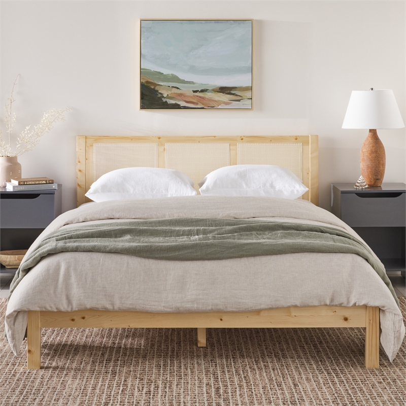 Pemberley Row Solid Pine Wood Natural Queen Bedframe with Rattan Headboard 83.75