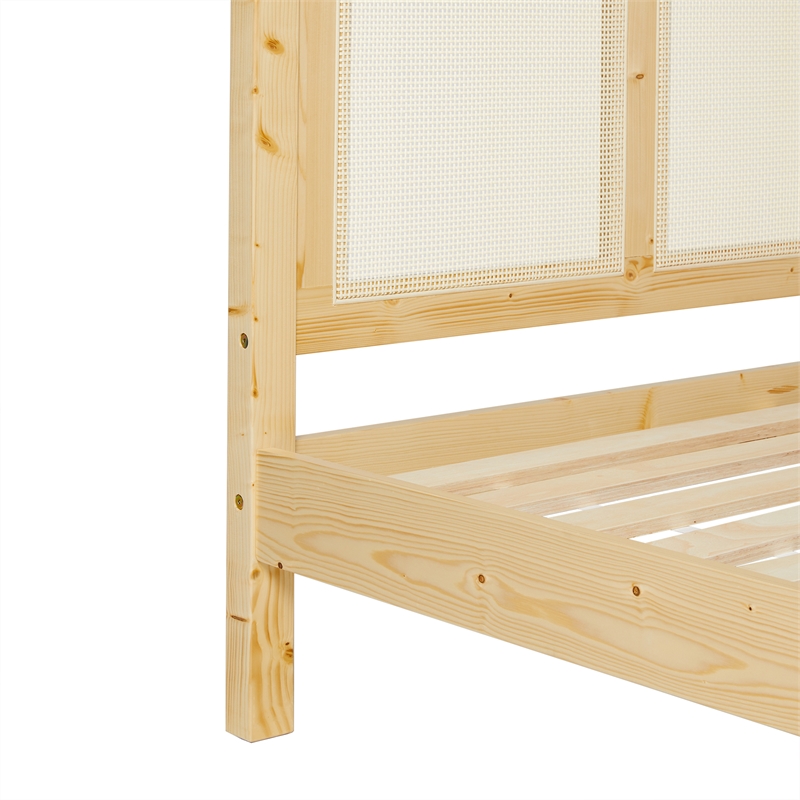 Pemberley Row Solid Pine Wood Natural Queen Bedframe with Rattan Headboard 83.75