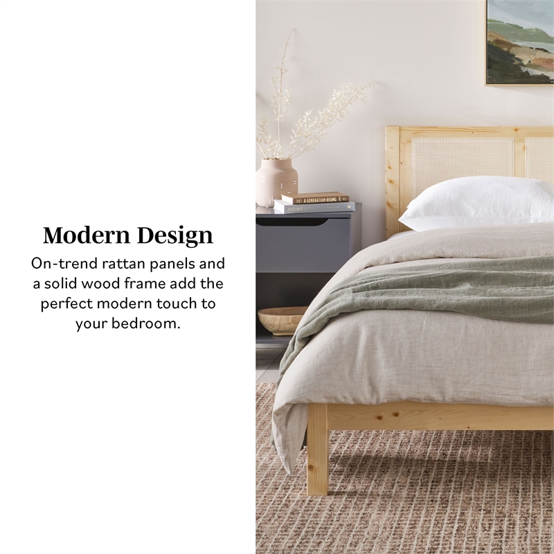 Pemberley Row Solid Pine Wood Natural Queen Bedframe with Rattan Headboard 83.75