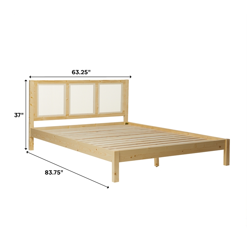 Pemberley Row Solid Pine Wood Natural Queen Bedframe with Rattan Headboard 83.75