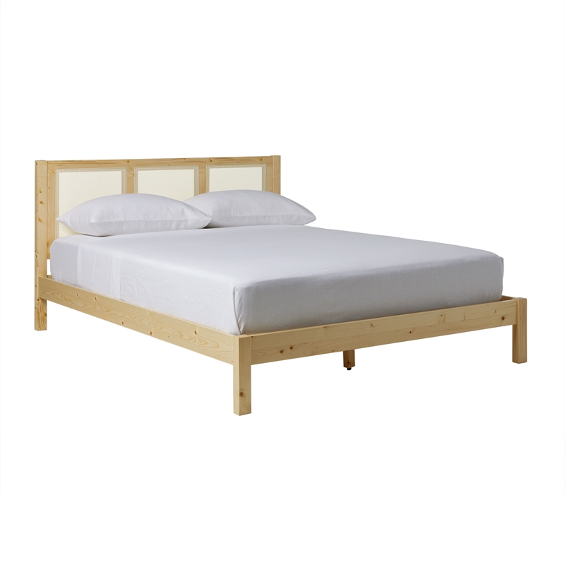 Pemberley Row Solid Pine Wood Natural Queen Bedframe with Rattan Headboard 83.75