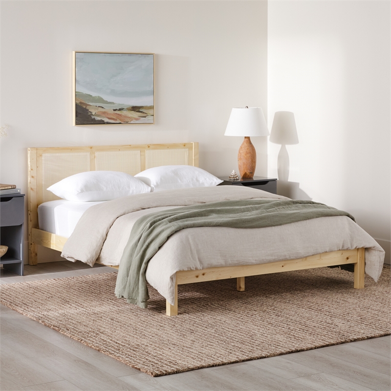 Pemberley Row Solid Pine Wood Natural Queen Bedframe with Rattan Headboard 83.75