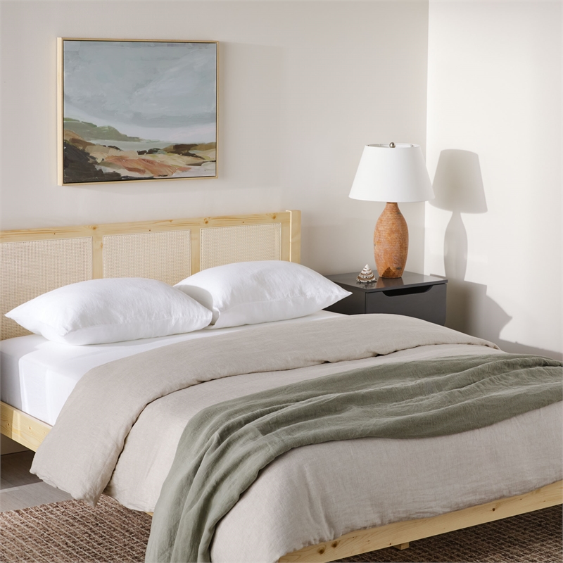 Pemberley Row Solid Pine Wood Natural Queen Bedframe with Rattan Headboard 83.75