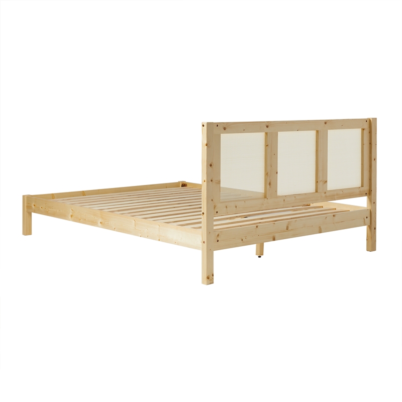 Pemberley Row Solid Pine Wood Natural Queen Bedframe with Rattan Headboard 83.75