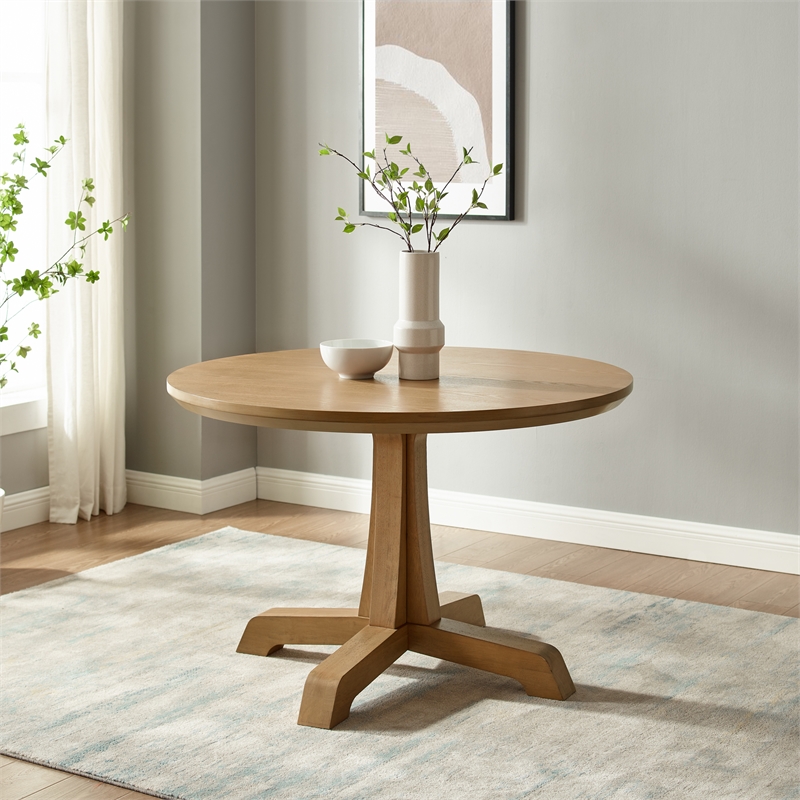 Pemberley Row Rubberwood Rustic Oak Dining Table Round Durable Pedestal Base 48