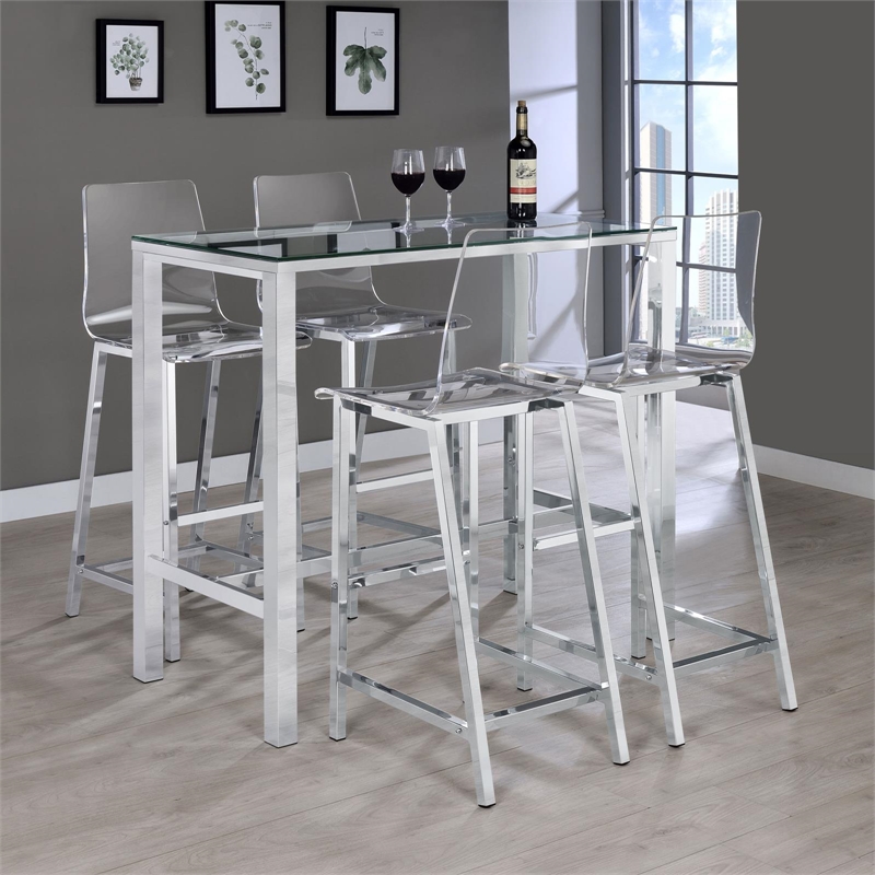 Pemberly Row Contemporary Rectangular Glass Top Pub Table in Clear