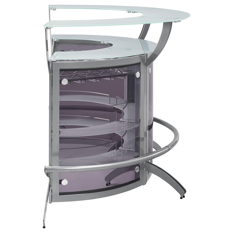 Pemberley Row Metal Silver Bar Unit Demilune Smoked Acrylic Features Stemware Rack 63