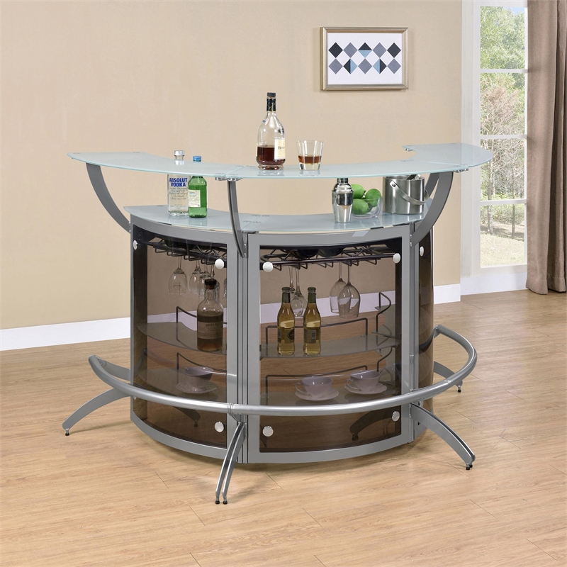 Pemberley Row Metal Silver Bar Unit Demilune Smoked Acrylic Features Stemware Rack 63