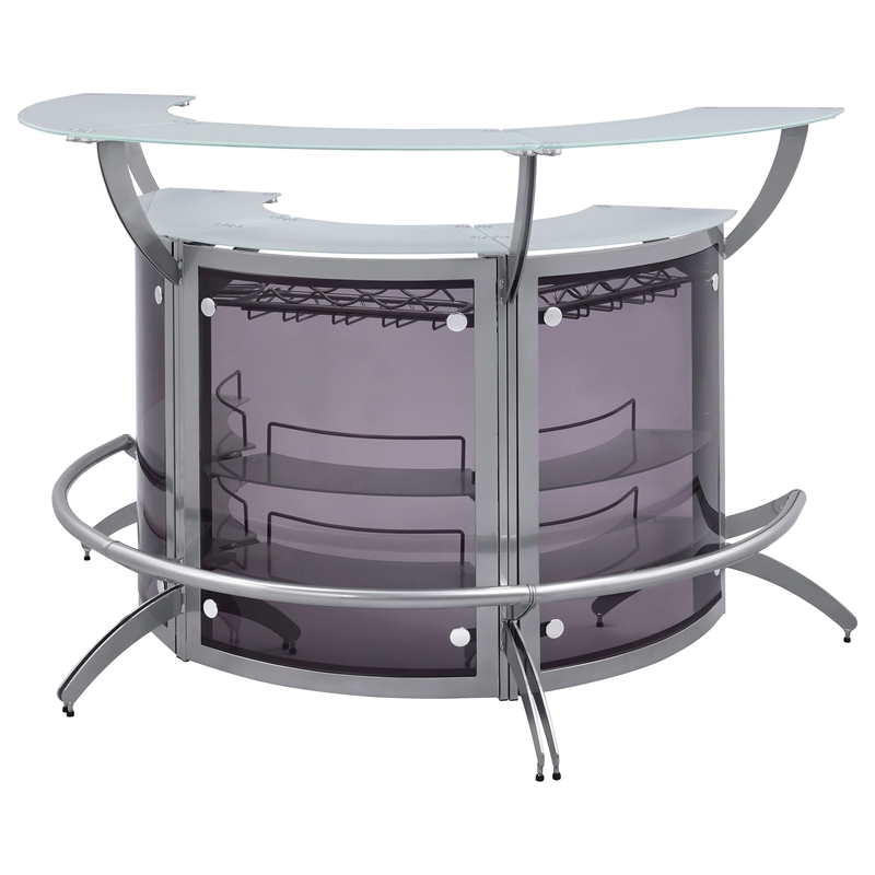 Pemberley Row Metal Silver Bar Unit Demilune Smoked Acrylic Features Stemware Rack 63