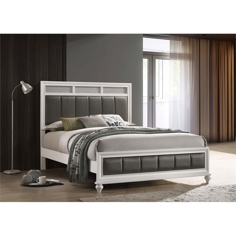 Pemberly Row Wood Queen Upholstered Panel Bed in White and Gray