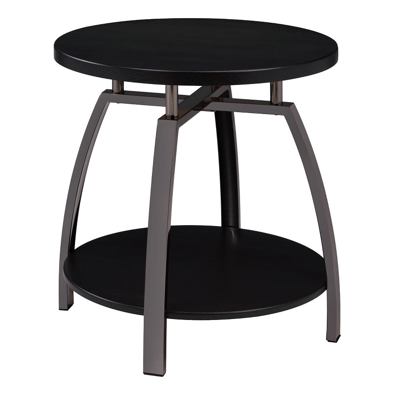 Pemberly Row Wood Round End Table in Dark Gray and Black Nickel